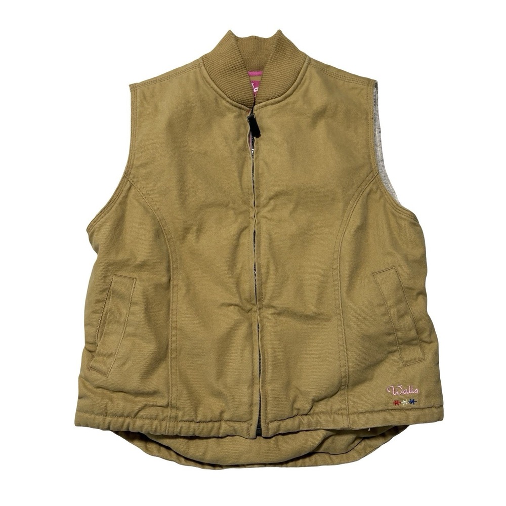Walls‎ Women's Fleece Lined Canvas Vest Pink Logo Size Small 19.5 x 22